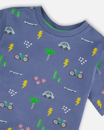 T-shirt en jersey de coton biologique imprimé vélo bleu