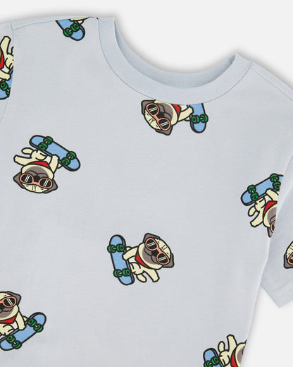 Organic Cotton Jersey T-Shirt Blue Pug Print