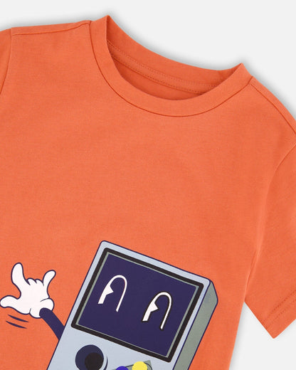 Organic Cotton Jersey T-Shirt With Print Orange
