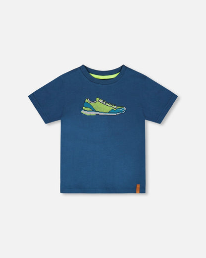 Organic Cotton Jersey T-Shirt With Print Dark Blue