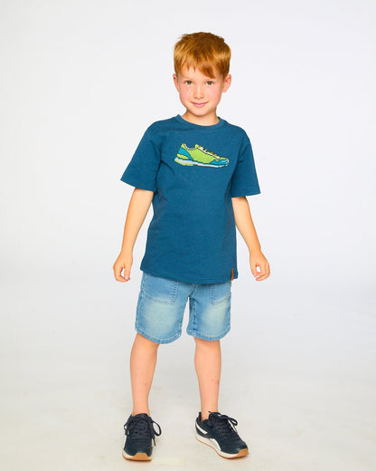 Organic Cotton Jersey T-Shirt With Print Dark Blue
