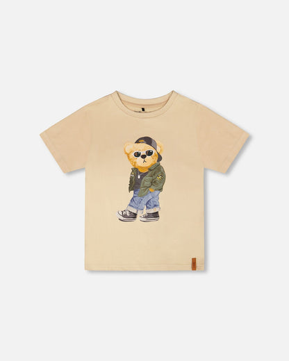 Organic Cotton Jersey T-Shirt With Print Beige