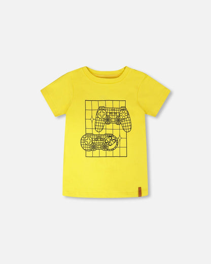 Organic Cotton Jersey T-Shirt With Gamer Print Yellow