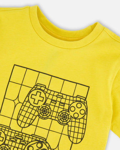 Organic Cotton Jersey T-Shirt With Gamer Print Yellow