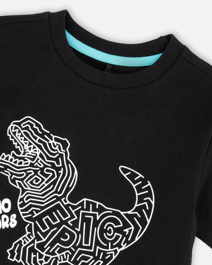 Organic Cotton Jersey T-Shirt With Dino Print Black