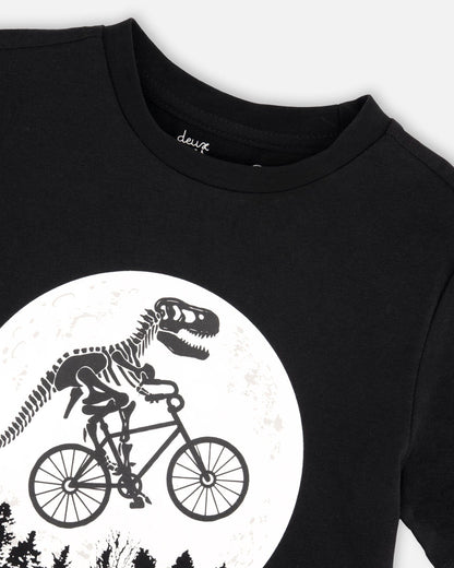 Glow In The Dark Organic Cotton Jersey T-Shirt With Dino On Bike Print Black