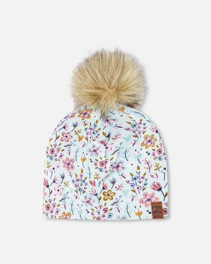 Bonnet en jersey extensible bleu à mini imprimé fleuri avec pompon