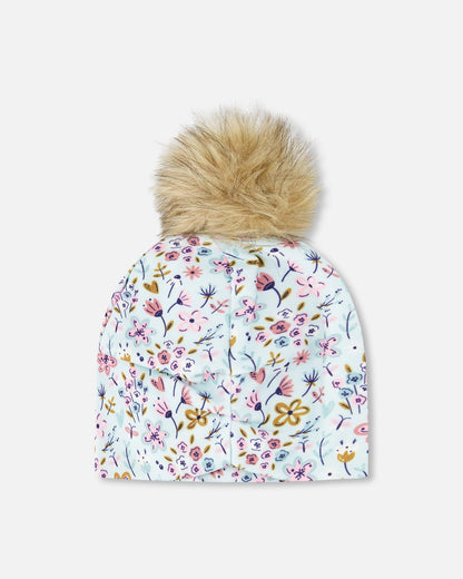 Bonnet en jersey extensible bleu à mini imprimé fleuri avec pompon