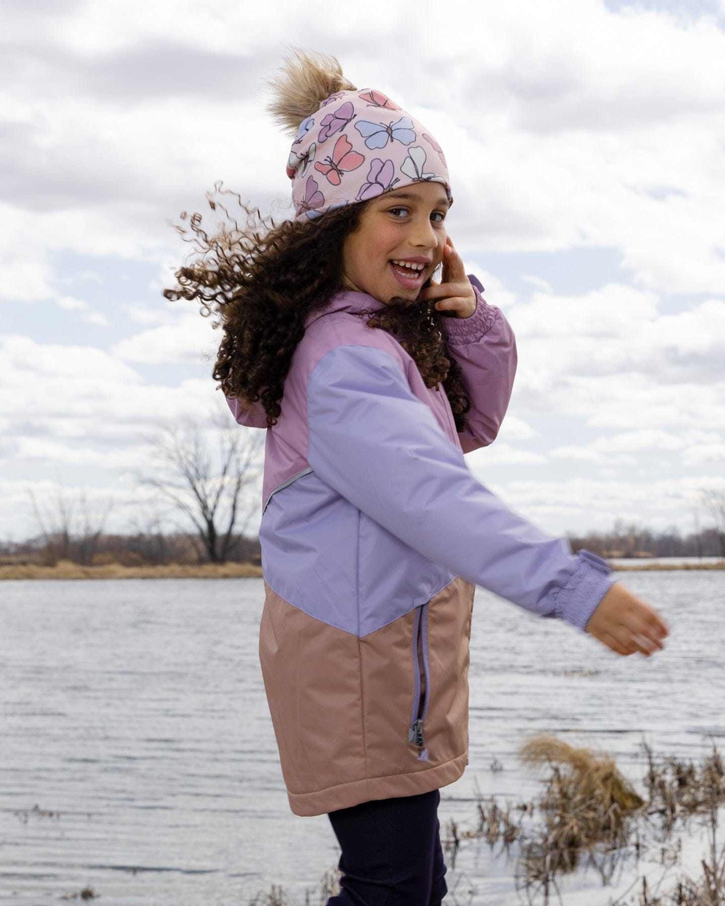 Stretch Jersey Hat Pink Printed Butterflies With Pompom