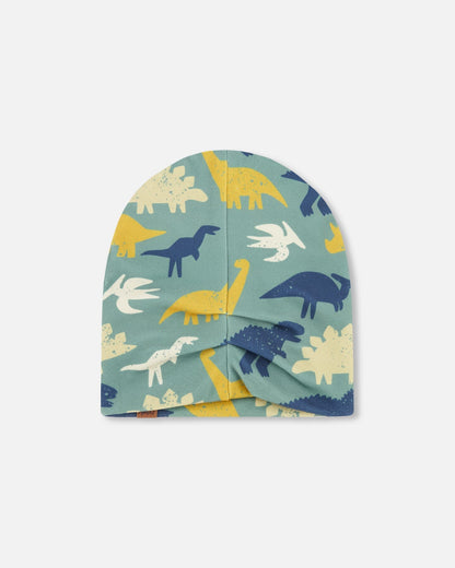 Stretch Jersey Beanie Green Dinosaur Print