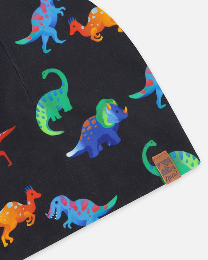 Stretch Jersey Beanie Black Dinosaur Print