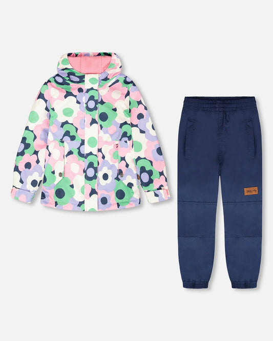 Two-Piece Mid-Season Outerwear Set Black Printed Flowers