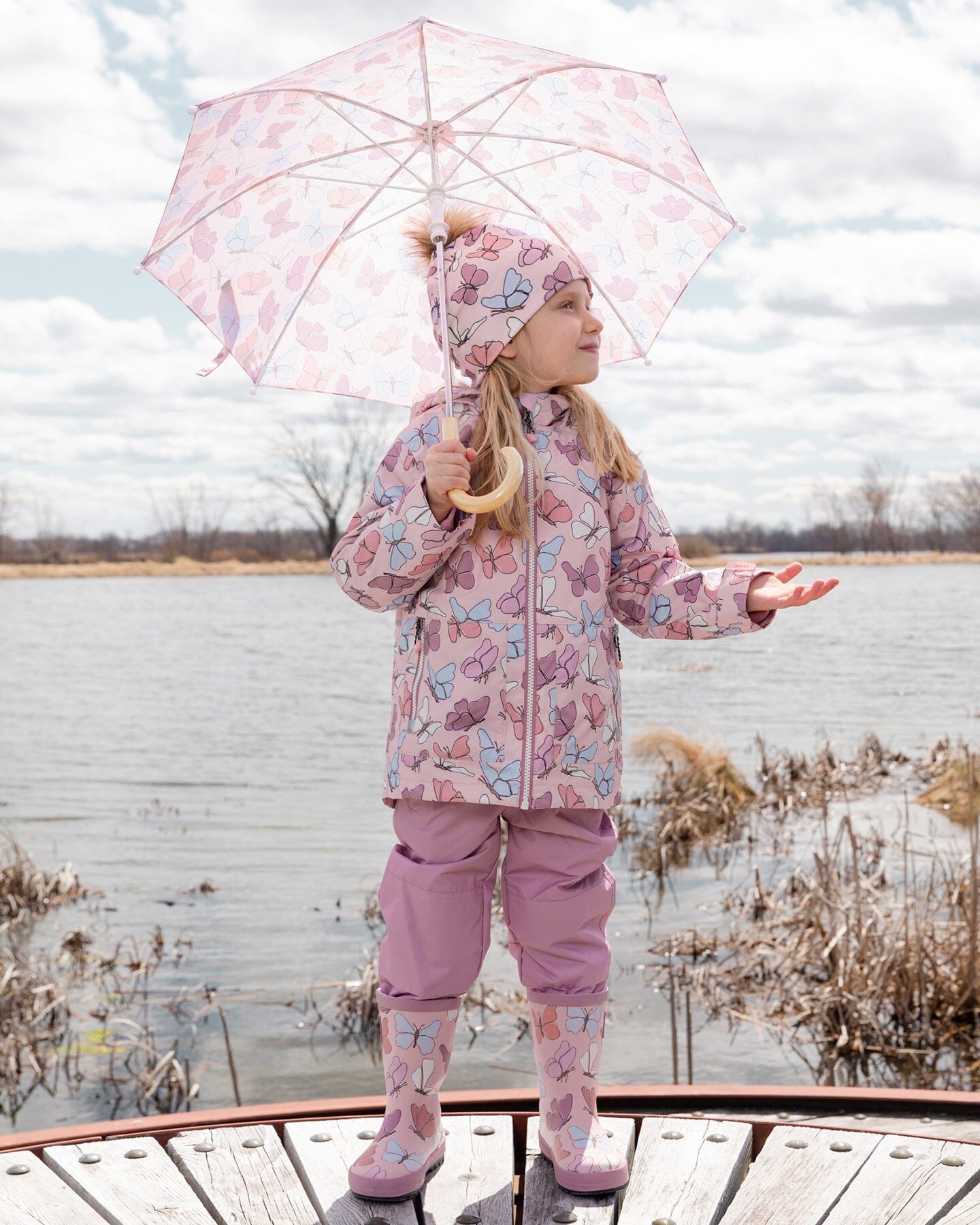 3-In-1 Two-Piece Mid-Season Outerwear Set Pink With Printed Butterflies