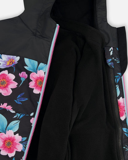 3-In-1 Two-Piece Mid-Season Outerwear Set Black Printed Flowers - Black Inner Jacket