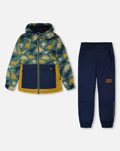Two-Piece Mid-Season Outerwear Set Green Dinosaur Print