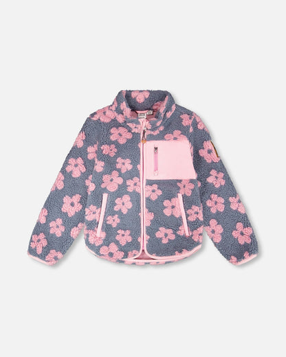 Veste sherpa motifs fleurs roses