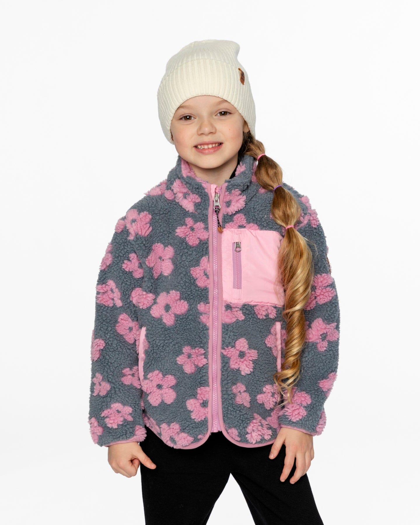 Veste sherpa motifs fleurs roses