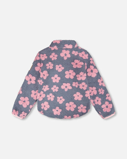 Veste sherpa motifs fleurs roses