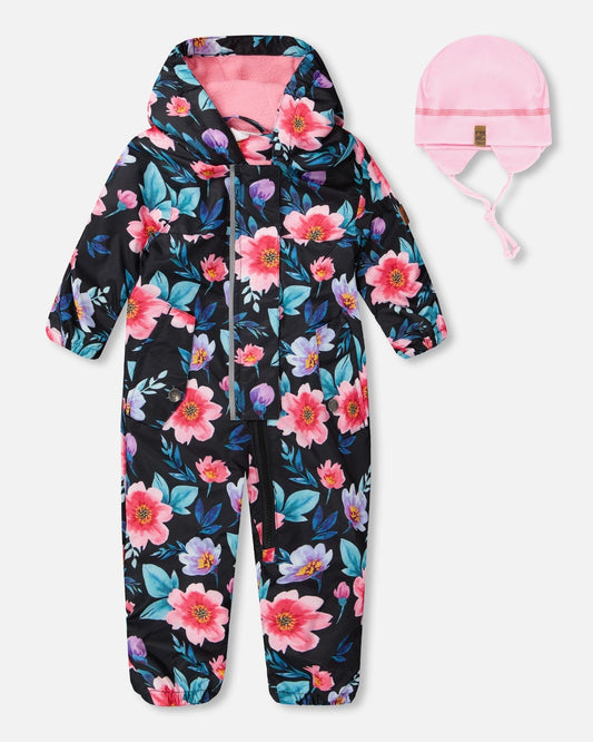 Baby Mid-Season One-Piece Outerwear With Hat Black Printed Flowers