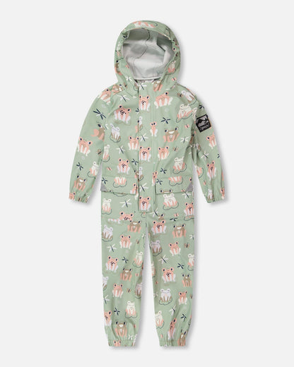 Green rain jumpsuit with color-changing frogs print
