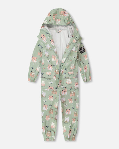 Green rain jumpsuit with color-changing frogs print