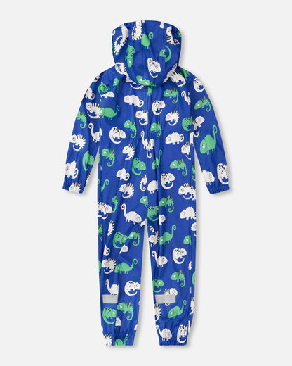 Blue rain jumpsuit with color-changing chameleon print