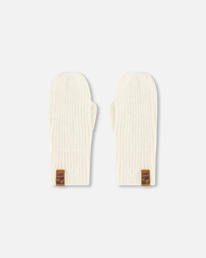 Ribbed Knit Mittens Off White