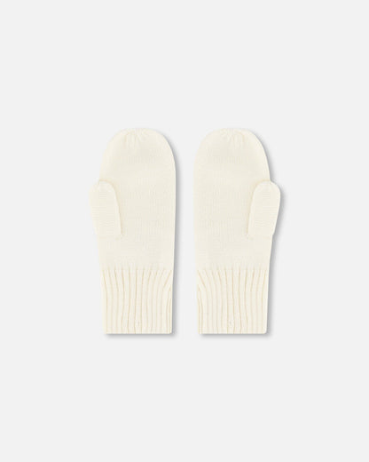 Ribbed Knit Mittens Off White
