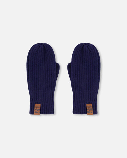 Ribbed Knit Mittens Navy Blue
