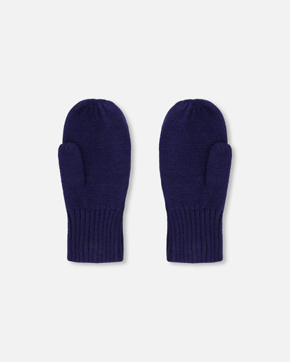 Ribbed Knit Mittens Navy Blue