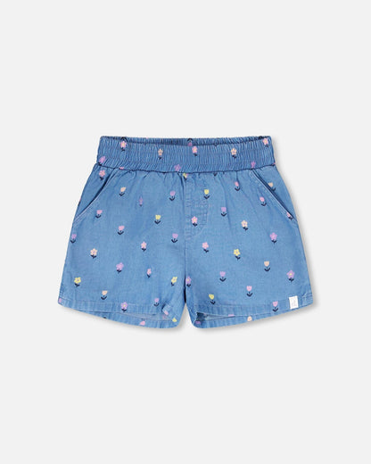 Chambray Shorts Blue Flower Print
