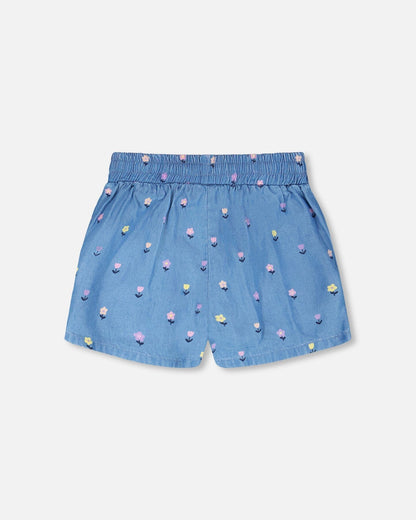 Chambray Shorts Blue Flower Print