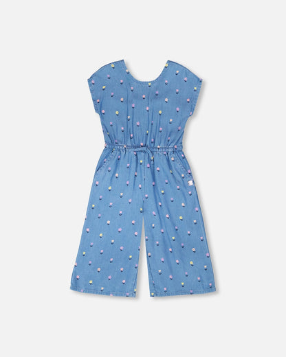 Chambray Jumpsuit Blue Flower Print