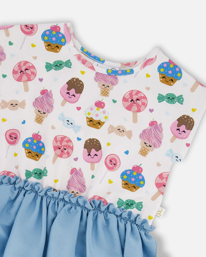 Bi-Material Dress White Candy Print