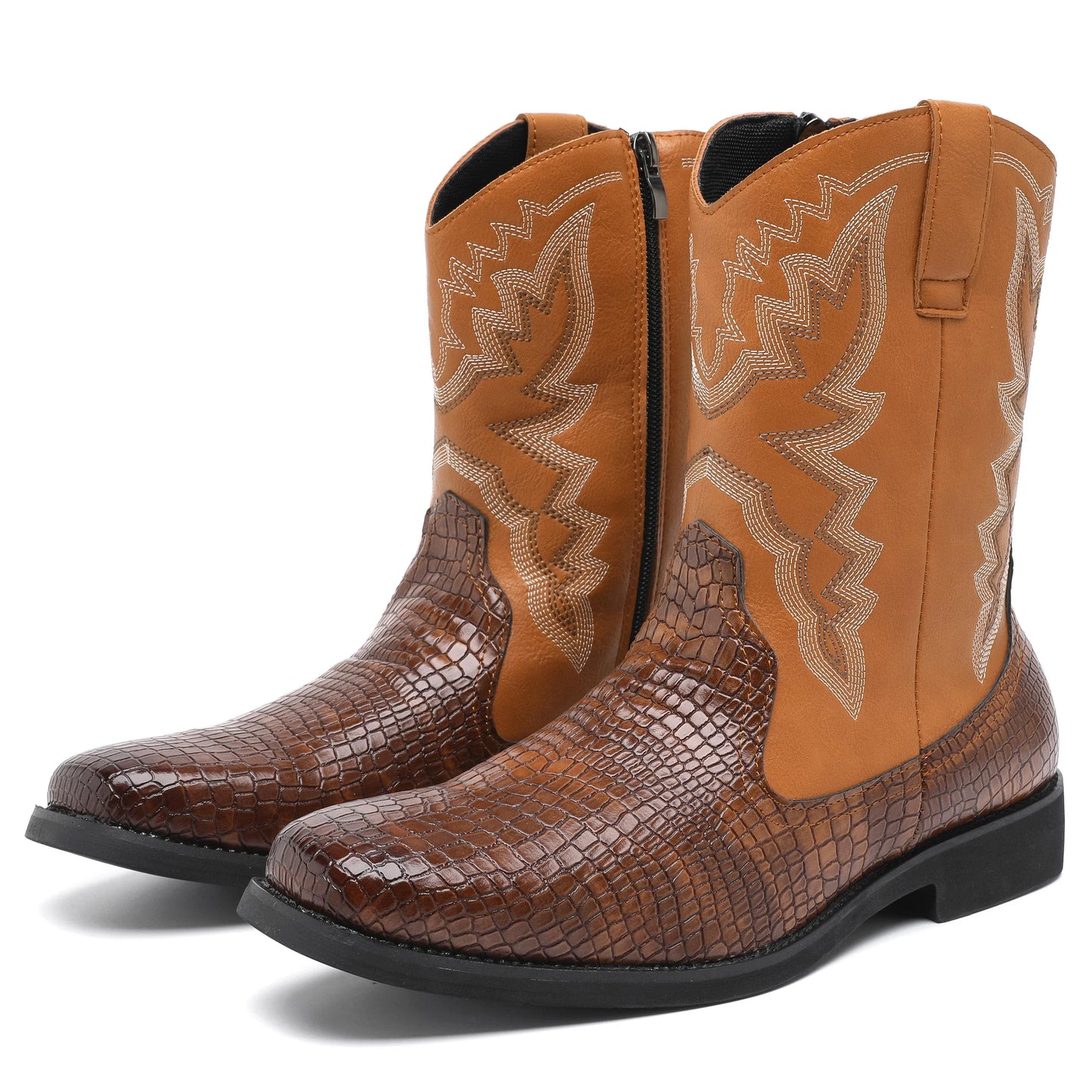 Embroidered Leather Western Cowboy Boots Women's Round Toe Chunky Heel Matching Mid Calf Boots Vintage Black Knight Boots