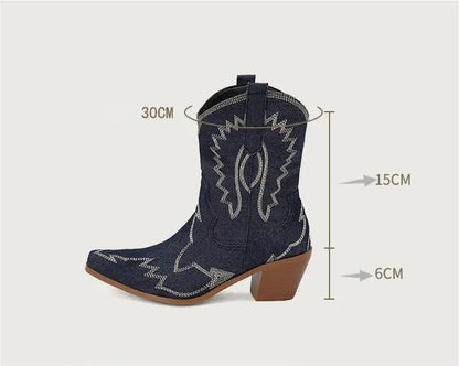 BUSY GIRL XY4777 Bottes d'hiver pour femmes, fourrure courte, chaudes, talons épais de 6 cm, broderie personnalisée, bottes western, bottes de cowboy pour femmes