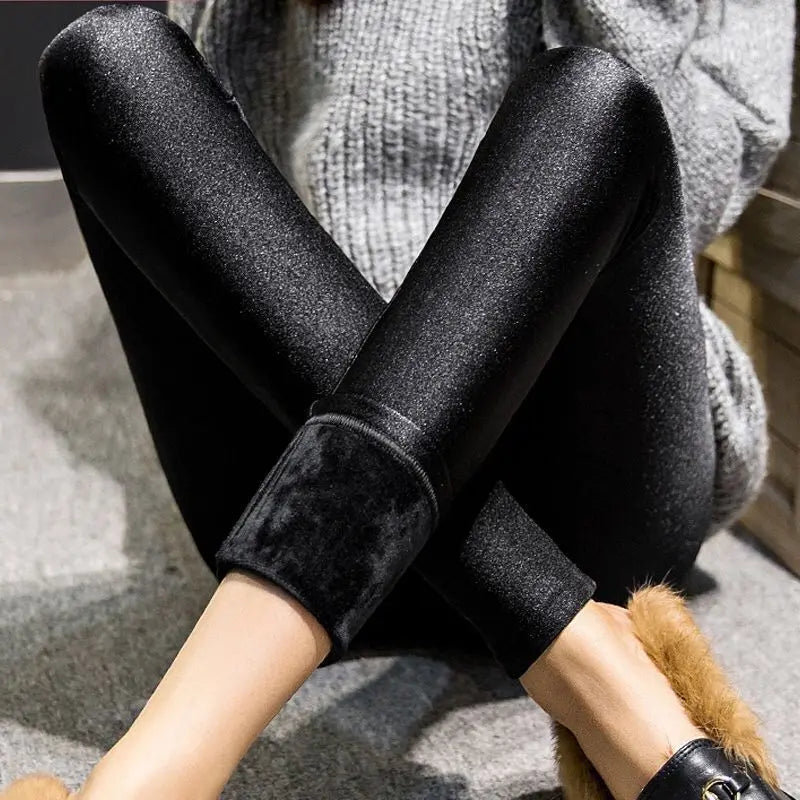 Automne hiver épais Leggings mode solide mince pantalon dame polaire chaud Leggings décontracté noir brillant taille haute Leggings