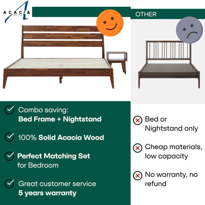 Emery Bed Frame & Nightstand Set - Acacia Solid Wood Bedroom Furniture