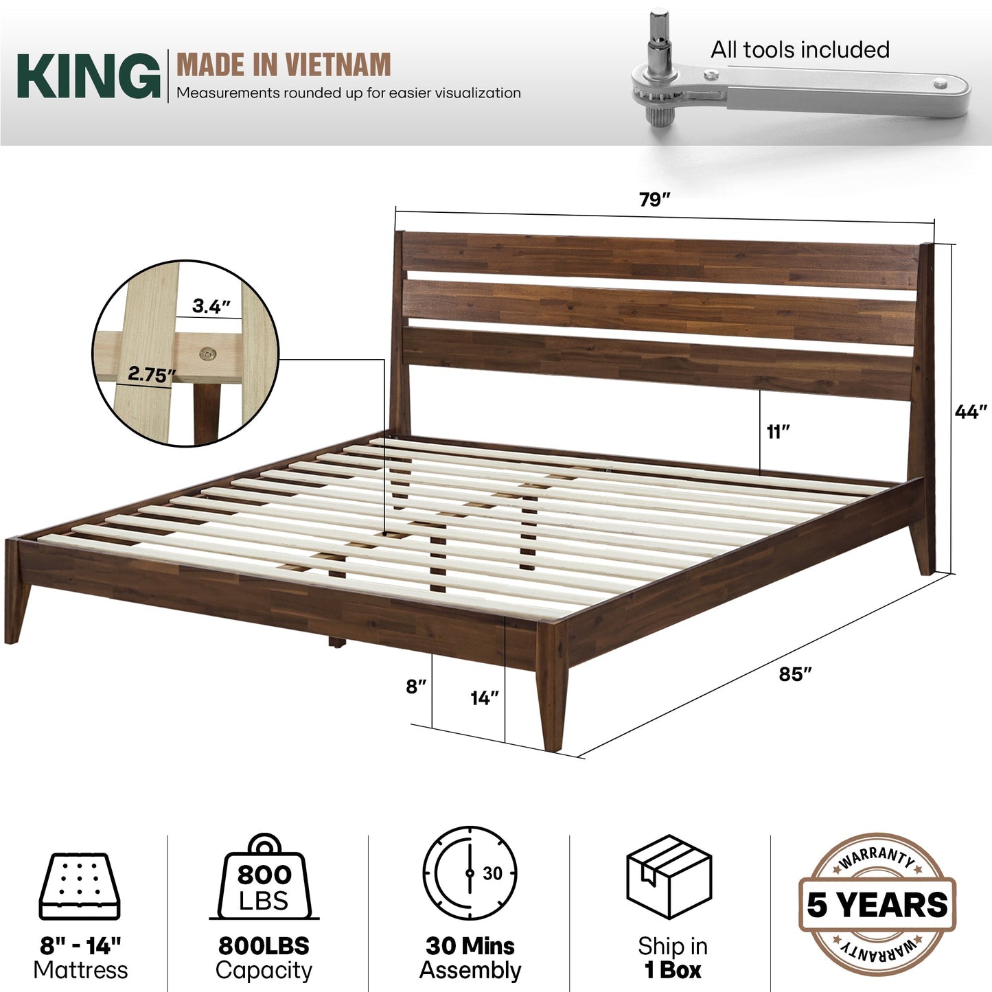 Acacia Emery Solid Wood Bed Frame - Stylish and Durable Acacia Wood Design for Your Bedroom