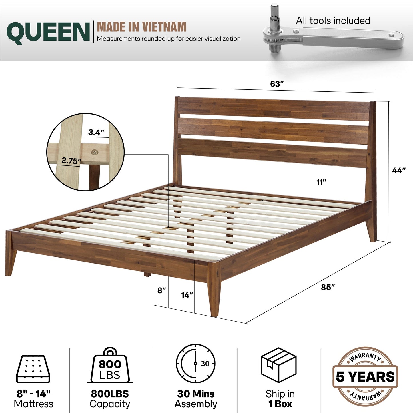 Acacia Emery Solid Wood Bed Frame - Stylish and Durable Acacia Wood Design for Your Bedroom