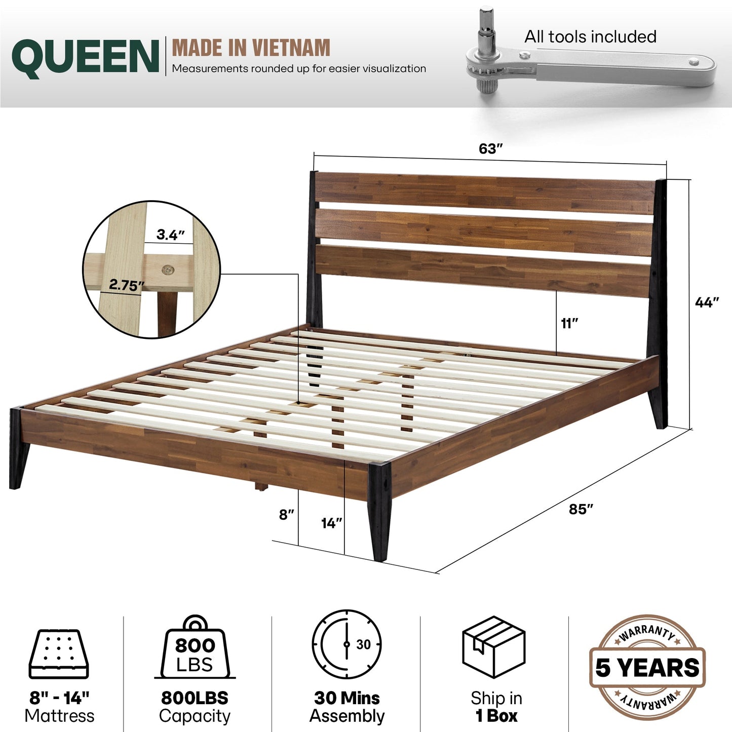 Acacia Emery Solid Wood Bed Frame - Stylish and Durable Acacia Wood Design for Your Bedroom