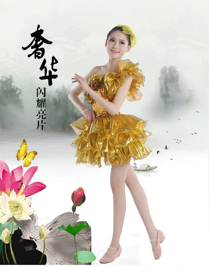 New Gold Jazz Sequins Modern Dance Costumes Stage Performance Tutu Adult Women's Guzheng Costumes