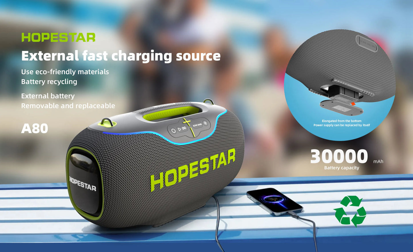 Hopestar speaker A80 alto gravador de áudio portátil de alta qualidade 350W RGB subwoofer home theater USB party computer DC