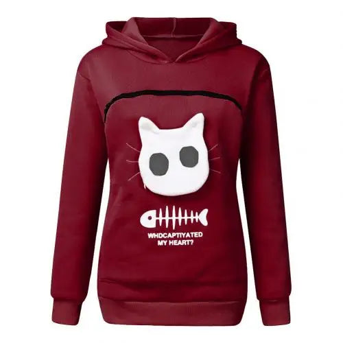 Women Long Sleeve Kangaroo Pouch Cats Fish Print Hoodie Pet cats Holder pocket Sweatshirt Dropshipping female Plus size Hoodie