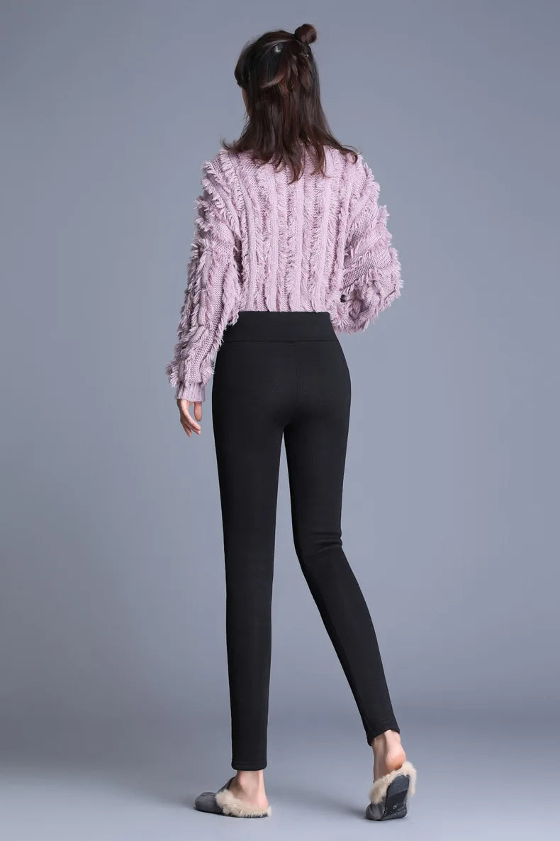 Hiver femmes Leggings solide chaud Leggings épaissir laine d'agneau taille haute polaire garder bout à bout haute extensible pantalon de marche poche