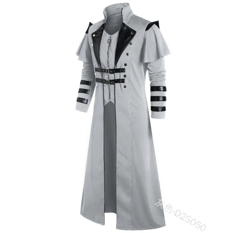 Vintage Halloween Médiéval Steampunk Assassin Elfes Pirate Costume Adulte Hommes Noir Longue Veste Fendue Manteaux en Cuir Armure Gothique