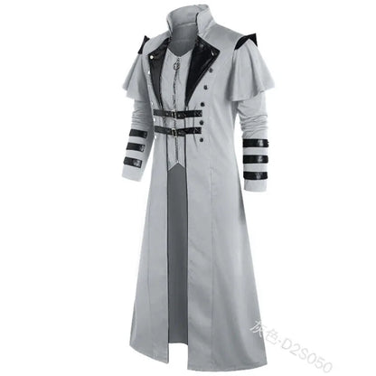 Vintage Halloween Médiéval Steampunk Assassin Elfes Pirate Costume Adulte Hommes Noir Longue Veste Fendue Manteaux en Cuir Armure Gothique