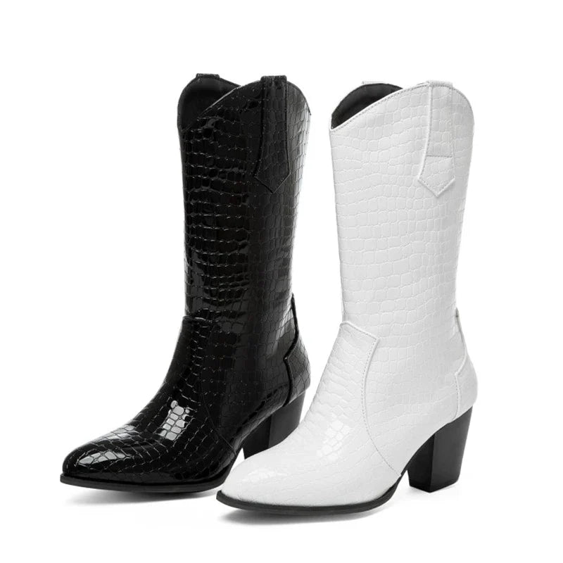 Botas De Mujer Western Cowboy Boots for Women PU Leather Chelsea Boots High Heels Gothic Platform Shoes Big Size 46 47 48 307-1