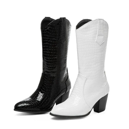Botas De Mujer Western Cowboy Boots for Women PU Leather Chelsea Boots High Heels Gothic Platform Shoes Big Size 46 47 48 307-1