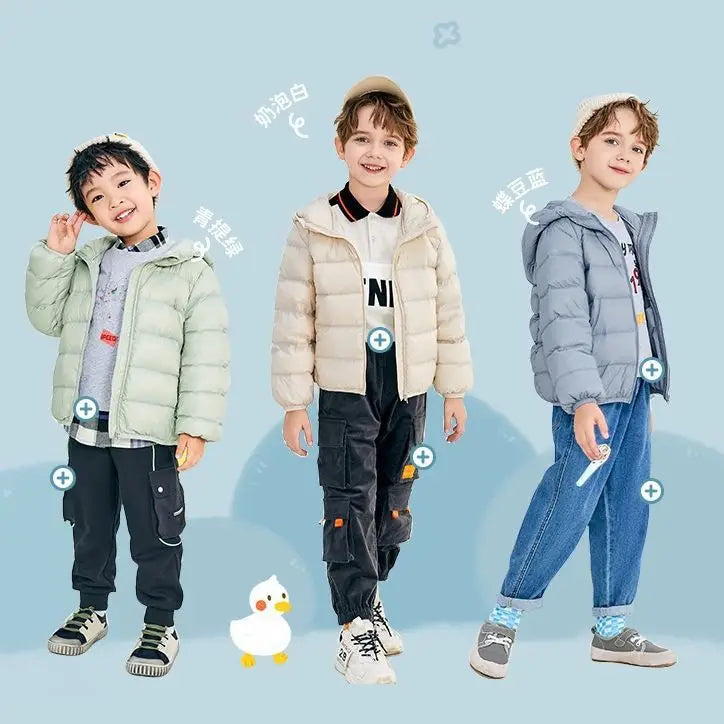 Children's Lightweight Winter Down Jacket New Style Hooded White Duck Down Short Coat for Toddler Boys and Girls